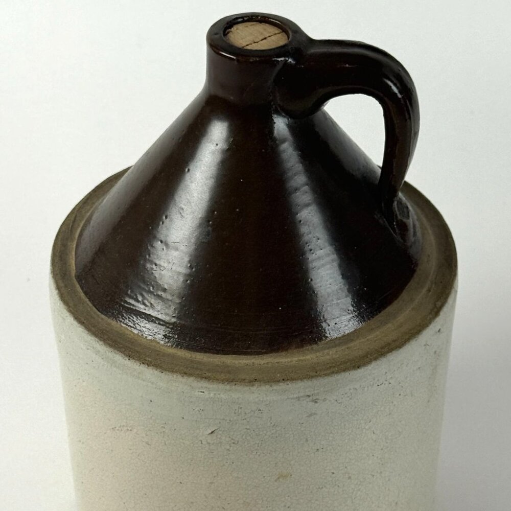 Vintage Stoneware Whiskey Jug 12" Brown Beige Two Tone Glaze Farmhouse Decor